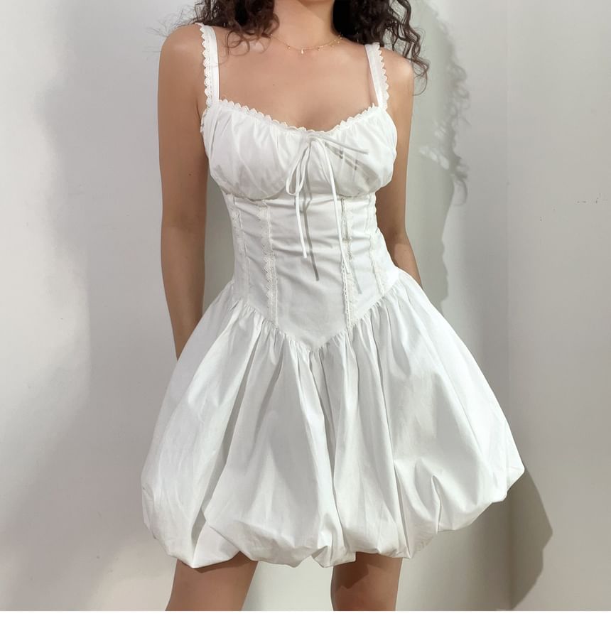 Spaghetti Strap V-Neck Plain Lace Trim Bubble Hem Mini A-Line Dress