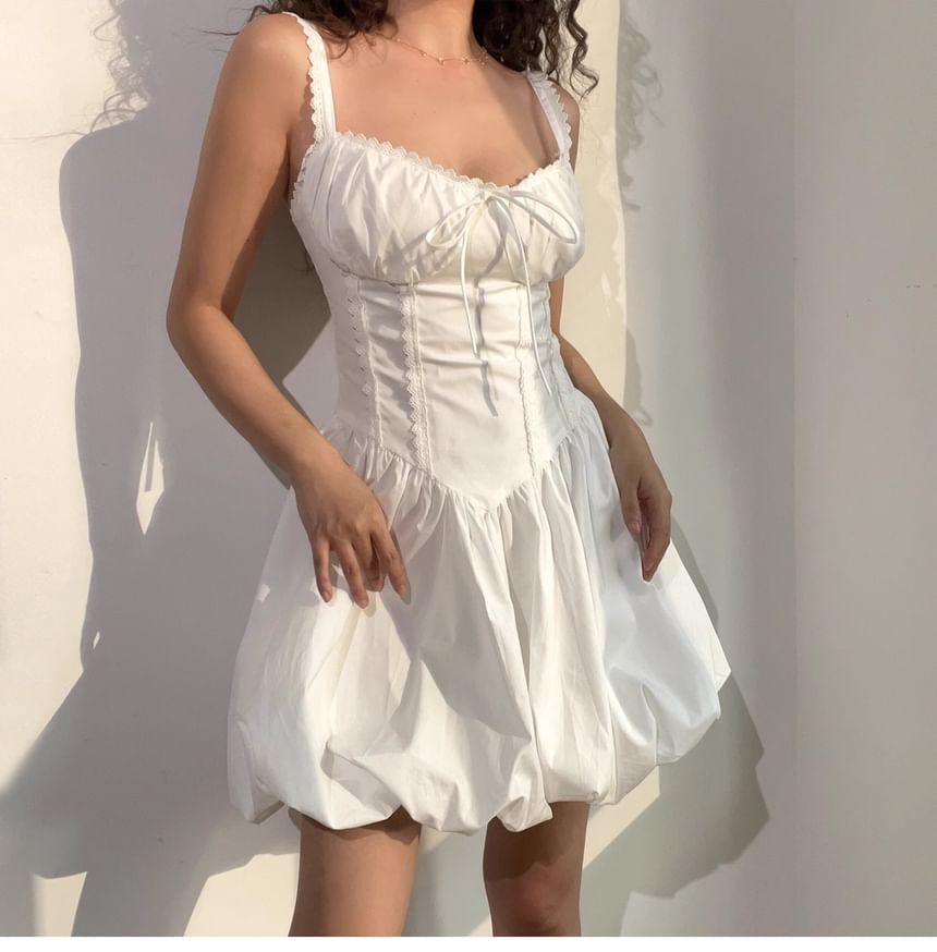 Spaghetti Strap V-Neck Plain Lace Trim Bubble Hem Mini A-Line Dress