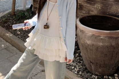 Plain Lace Trim Button Up Cardigan / Spaghetti Strap Scoop Neck Tiered Camisole Top