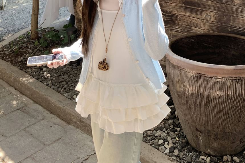 Plain Lace Trim Button Up Cardigan / Spaghetti Strap Scoop Neck Tiered Camisole Top