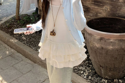 Plain Lace Trim Button Up Cardigan / Spaghetti Strap Scoop Neck Tiered Camisole Top