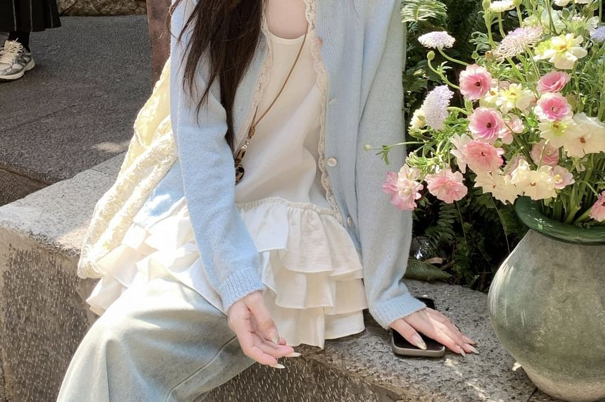 Plain Lace Trim Button Up Cardigan / Spaghetti Strap Scoop Neck Tiered Camisole Top