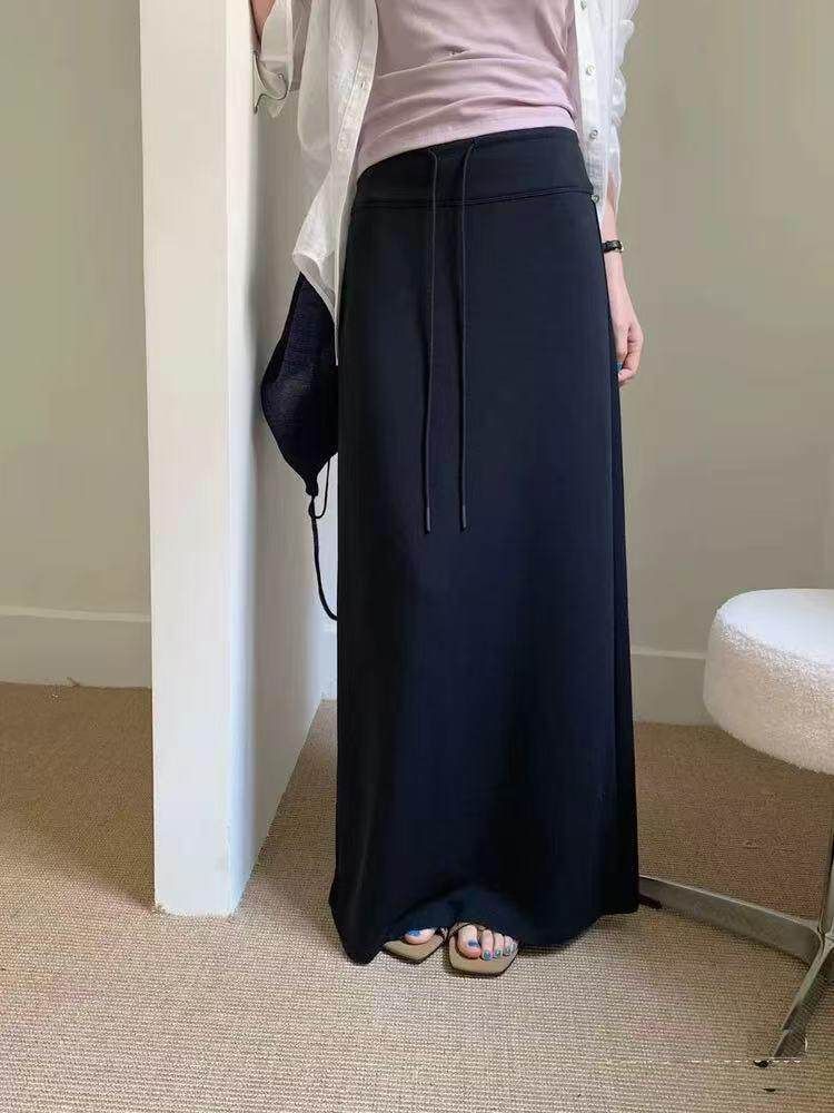 Black Maxi A-Line Skirt with Drawstring Waist