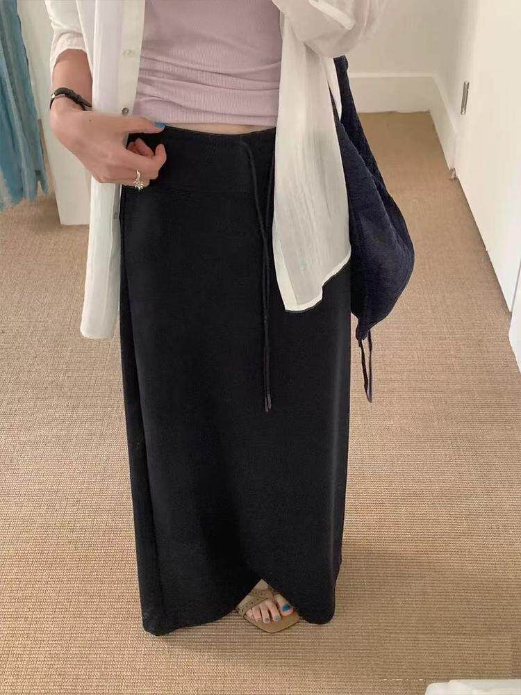 Black Maxi A-Line Skirt with Drawstring Waist