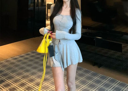 Black Button-Up Top and A-Line Mini Skirt Set - Altfashion Shop