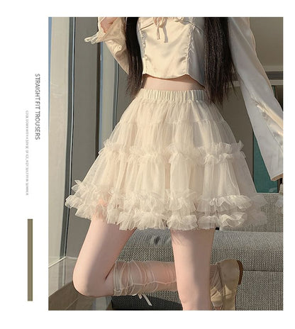 Black Mesh Tiered A-Line Mini Skirt with Ruffled Elastic Waist - Altfashion Shop