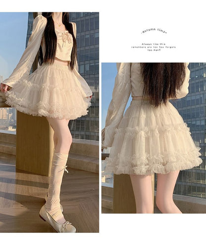 Black Mesh Tiered A-Line Mini Skirt with Ruffled Elastic Waist - Altfashion Shop