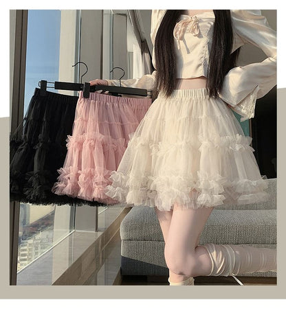Black Mesh Tiered A-Line Mini Skirt with Ruffled Elastic Waist - Altfashion Shop