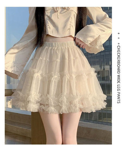 Black Mesh Tiered A-Line Mini Skirt with Ruffled Elastic Waist - Altfashion Shop