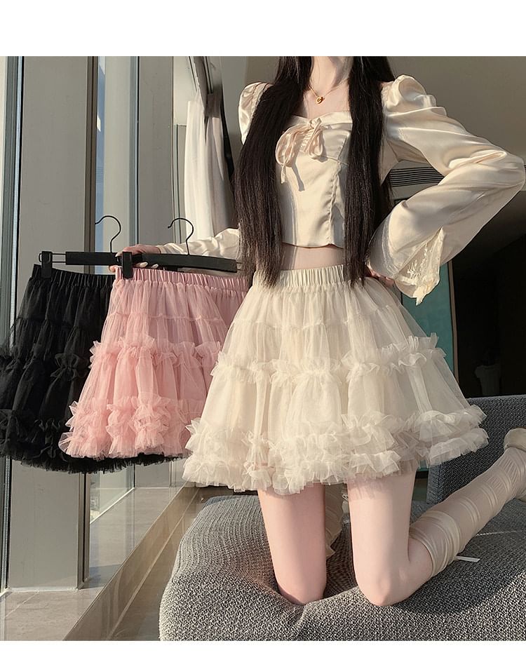 Black Mesh Tiered A-Line Mini Skirt with Ruffled Elastic Waist - Altfashion Shop