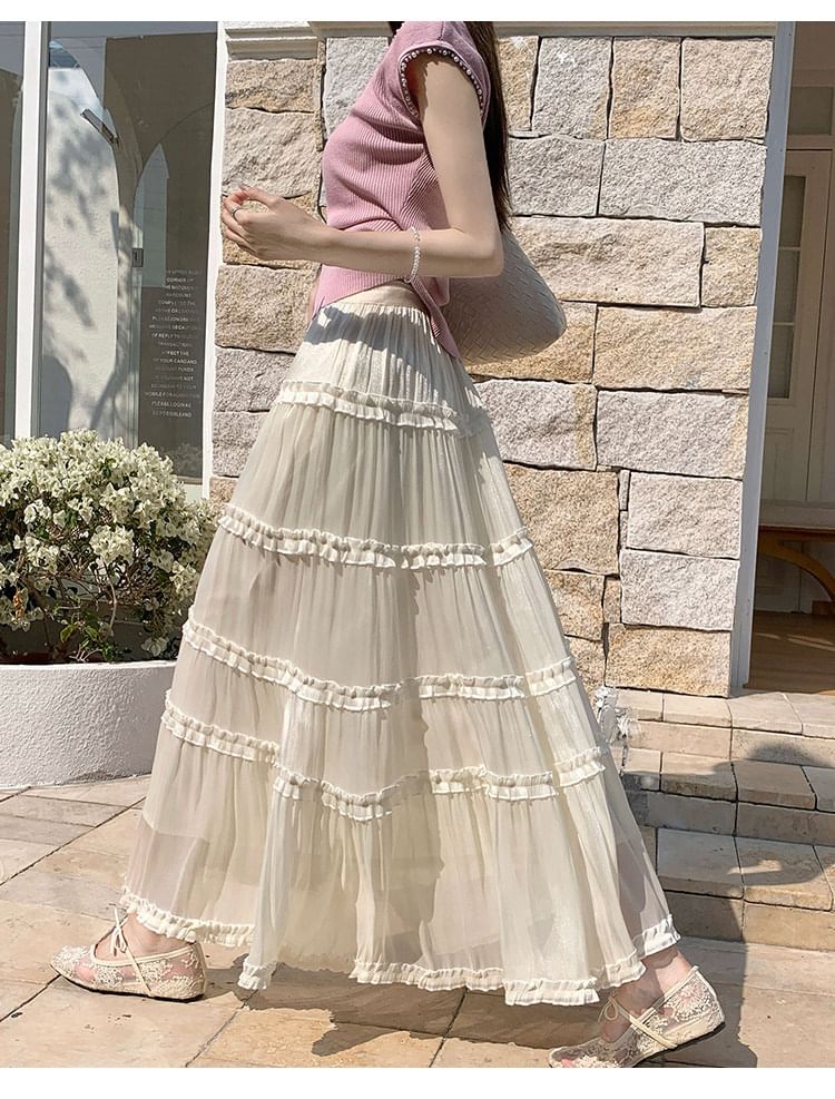 Black Tiered A-Line Maxi Skirt with Ruffles - Altfashion Shop