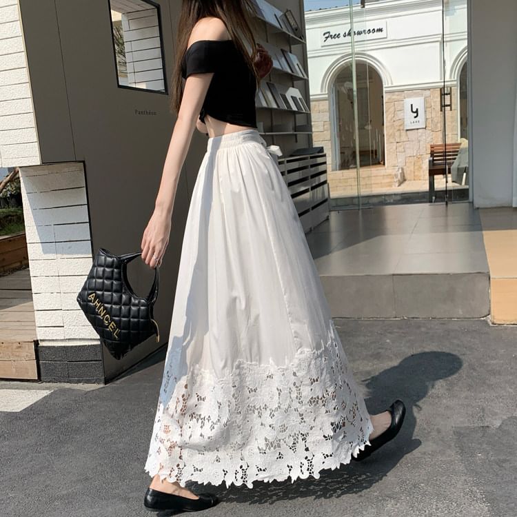 Black Lace High-Waist A-Line Maxi Skirt - Altfashion Shop