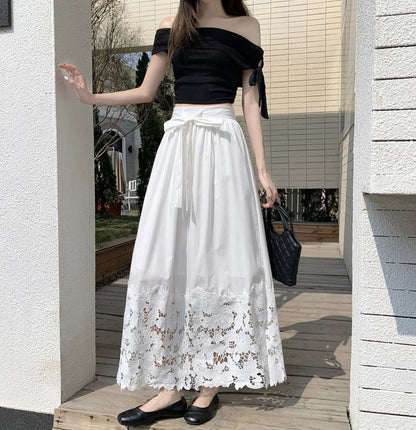 Black Lace High-Waist A-Line Maxi Skirt - Altfashion Shop