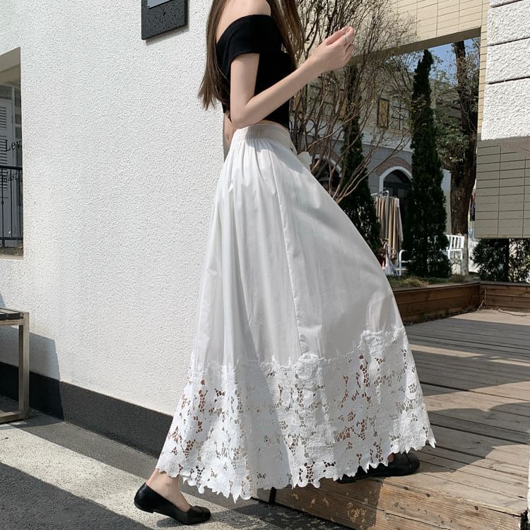 Black Lace High-Waist A-Line Maxi Skirt - Altfashion Shop
