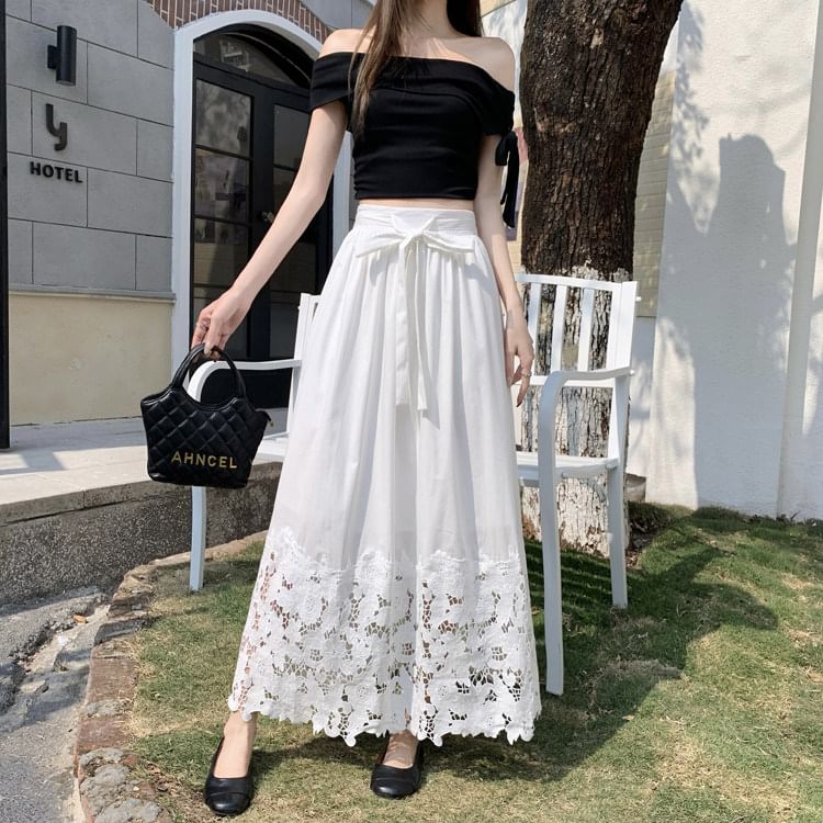 Black Lace High-Waist A-Line Maxi Skirt - Altfashion Shop