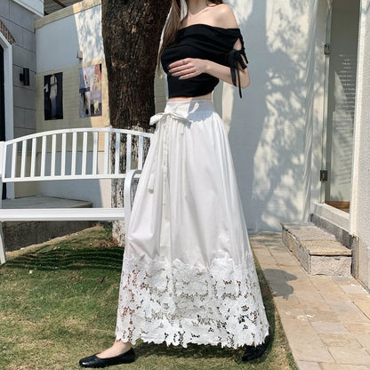 Black Lace High-Waist A-Line Maxi Skirt - Altfashion Shop