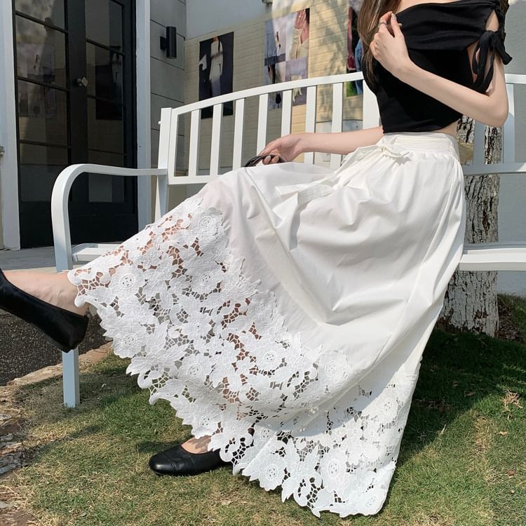Black Lace High-Waist A-Line Maxi Skirt - Altfashion Shop
