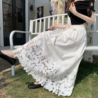 Black Lace High-Waist A-Line Maxi Skirt - Altfashion Shop