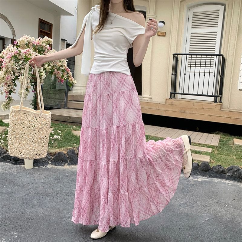 Black Plaid A-Line Maxi Skirt with Tiered Ruffles