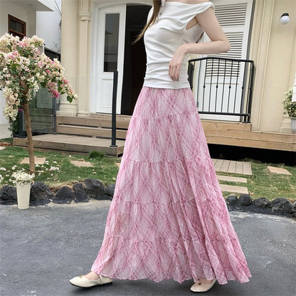 Black Plaid A-Line Maxi Skirt with Tiered Ruffles
