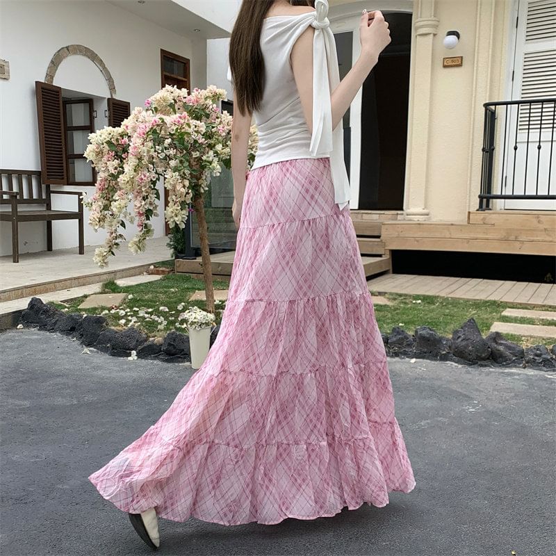 Black Plaid A-Line Maxi Skirt with Tiered Ruffles