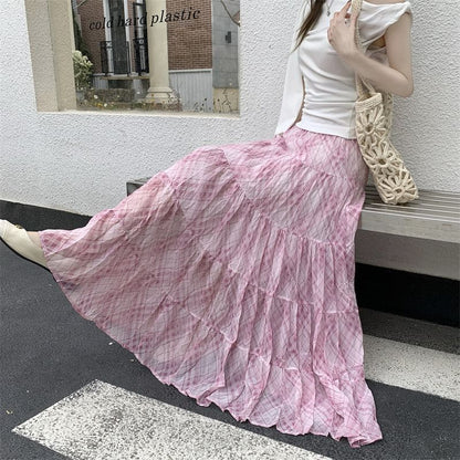 Black Plaid A-Line Maxi Skirt with Tiered Ruffles