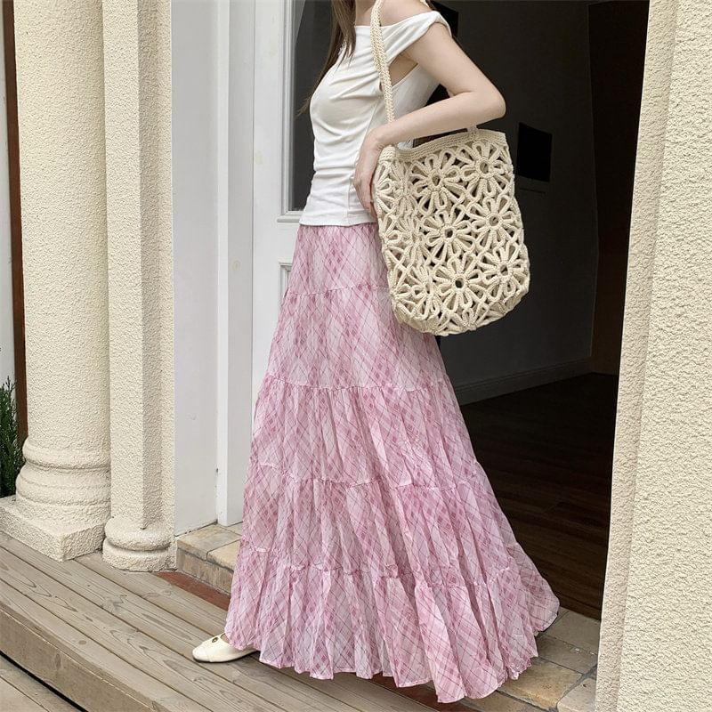 Black Plaid A-Line Maxi Skirt with Tiered Ruffles