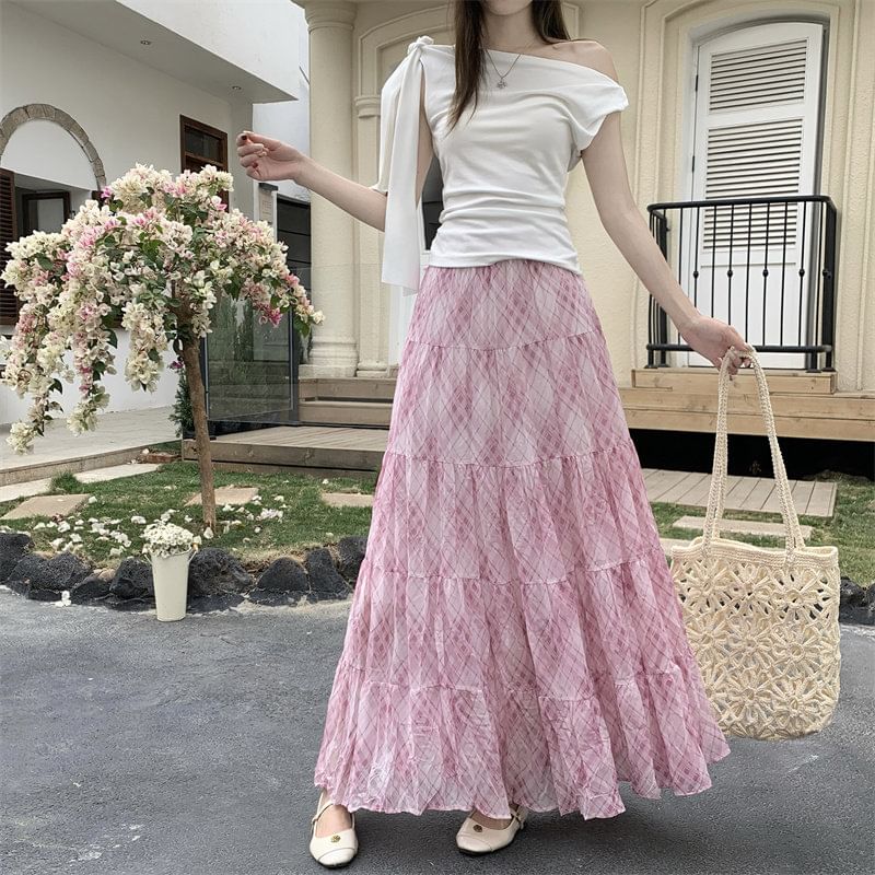 Black Plaid A-Line Maxi Skirt with Tiered Ruffles
