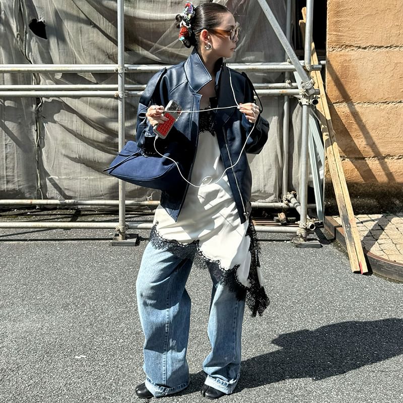 Spaghetti Strap V-Neck Asymmetrical Lace Panel Slit Shift Dress