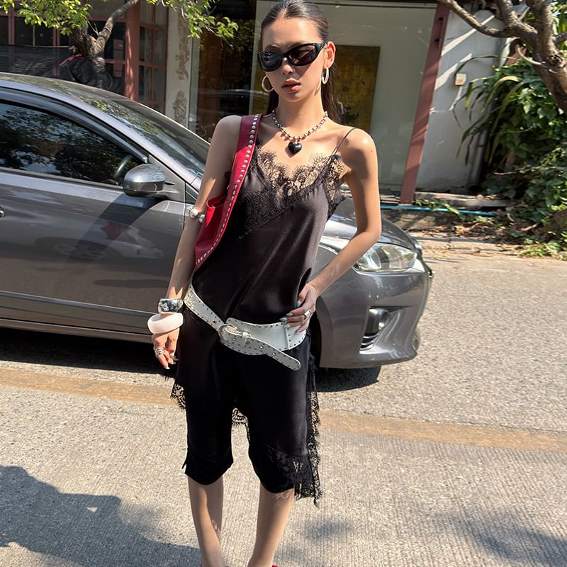 Spaghetti Strap V-Neck Asymmetrical Lace Panel Slit Shift Dress
