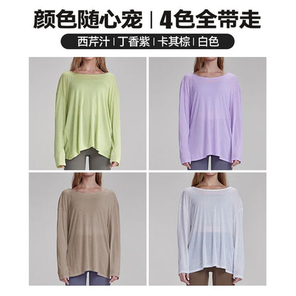 Cutout Back Ruched T-Shirt with Boat Neck and Long Sleeves