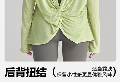 Cutout Back Ruched T-Shirt with Boat Neck and Long Sleeves