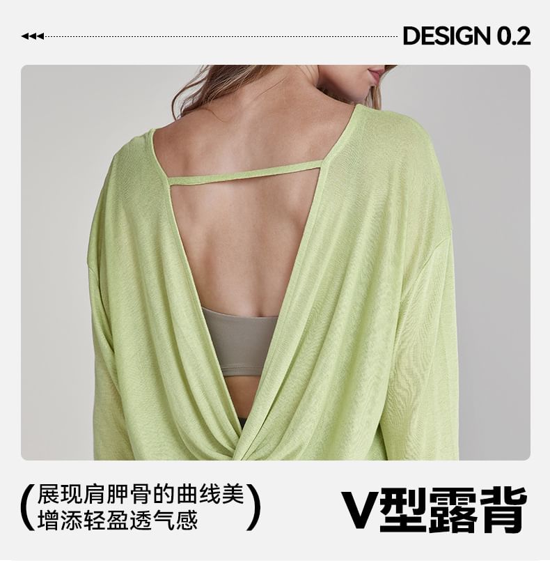 Cutout Back Ruched T-Shirt with Boat Neck and Long Sleeves
