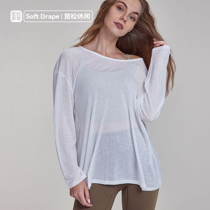 Cutout Back Ruched T-Shirt with Boat Neck and Long Sleeves