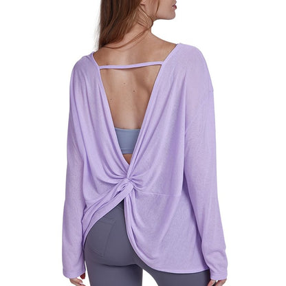 Cutout Back Ruched T-Shirt with Boat Neck and Long Sleeves