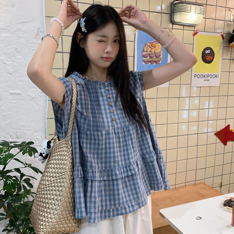 Plaid Pintuck Ruffle Panel Blouse with Cap Sleeves and Round Neckline