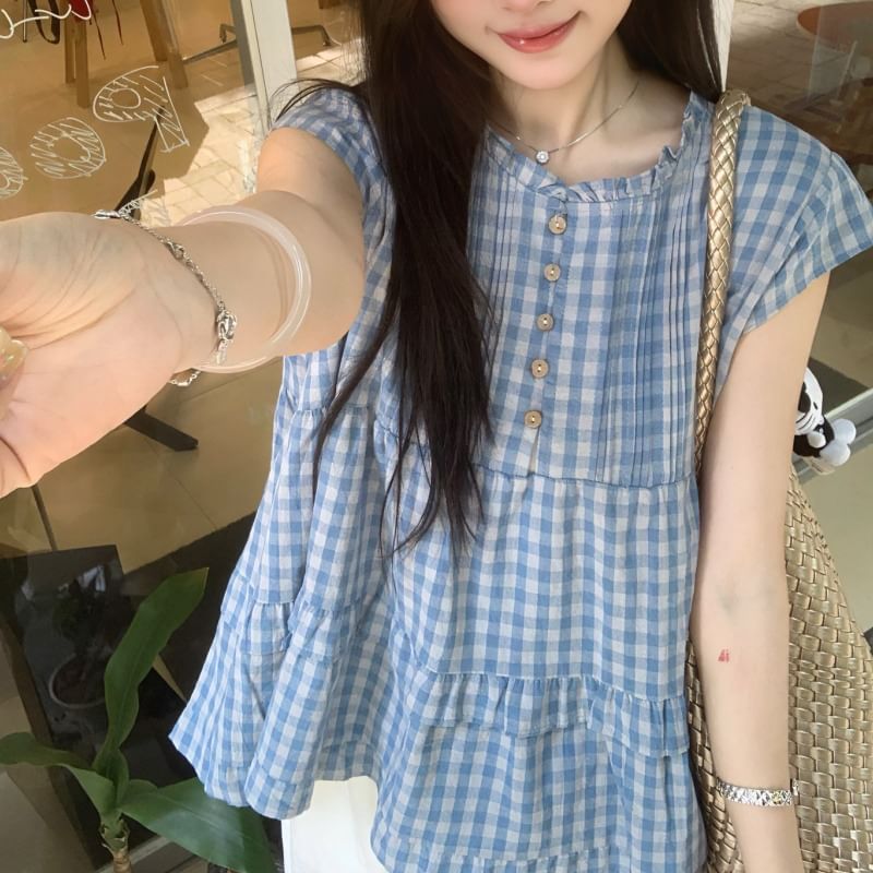 Plaid Pintuck Ruffle Panel Blouse with Cap Sleeves and Round Neckline