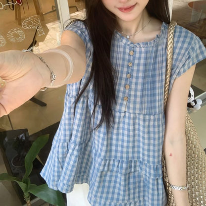 Plaid Pintuck Ruffle Panel Blouse with Cap Sleeves and Round Neckline