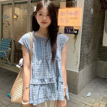 Plaid Pintuck Ruffle Panel Blouse with Cap Sleeves and Round Neckline