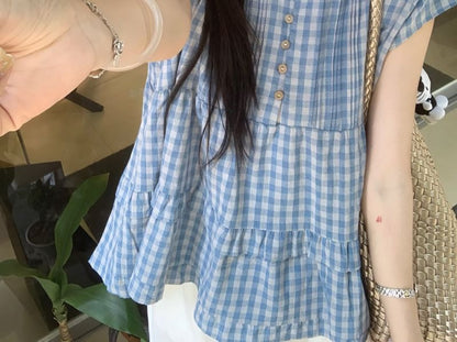 Plaid Pintuck Ruffle Panel Blouse with Cap Sleeves and Round Neckline