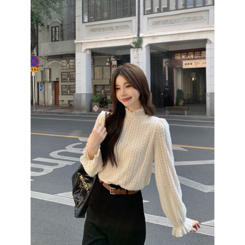 Mock Neck Frill Lace Long-Sleeve Top