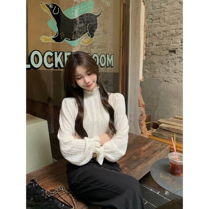 Mock Neck Frill Lace Long-Sleeve Top