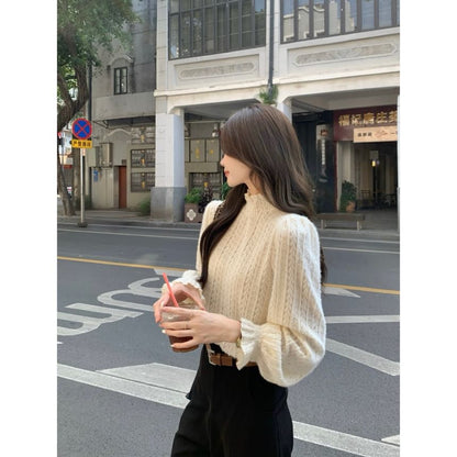 Mock Neck Frill Lace Long-Sleeve Top