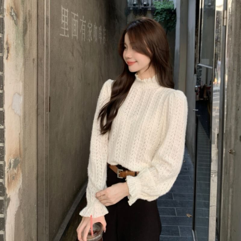 Mock Neck Frill Lace Long-Sleeve Top