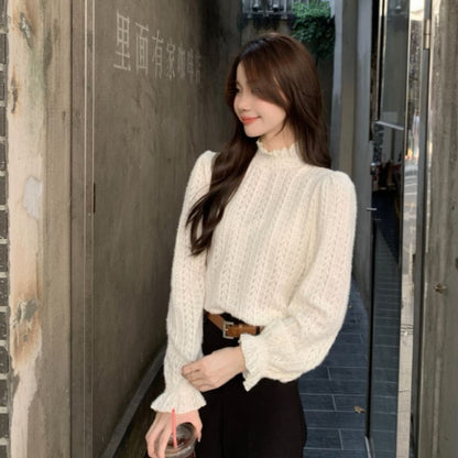 Mock Neck Frill Lace Long-Sleeve Top