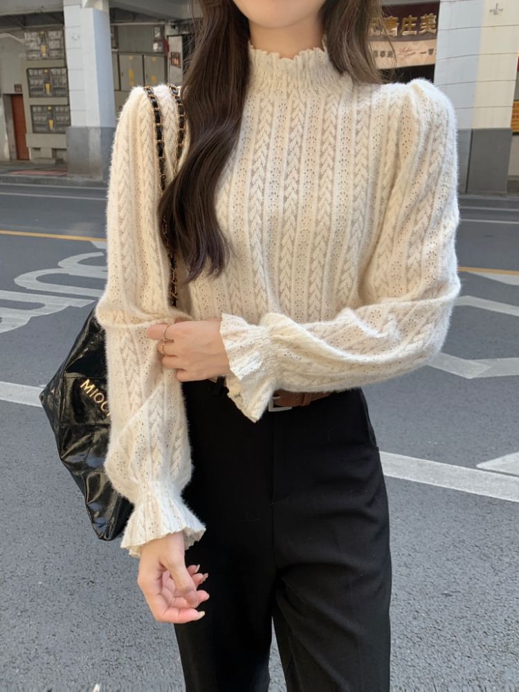 Mock Neck Frill Lace Long-Sleeve Top