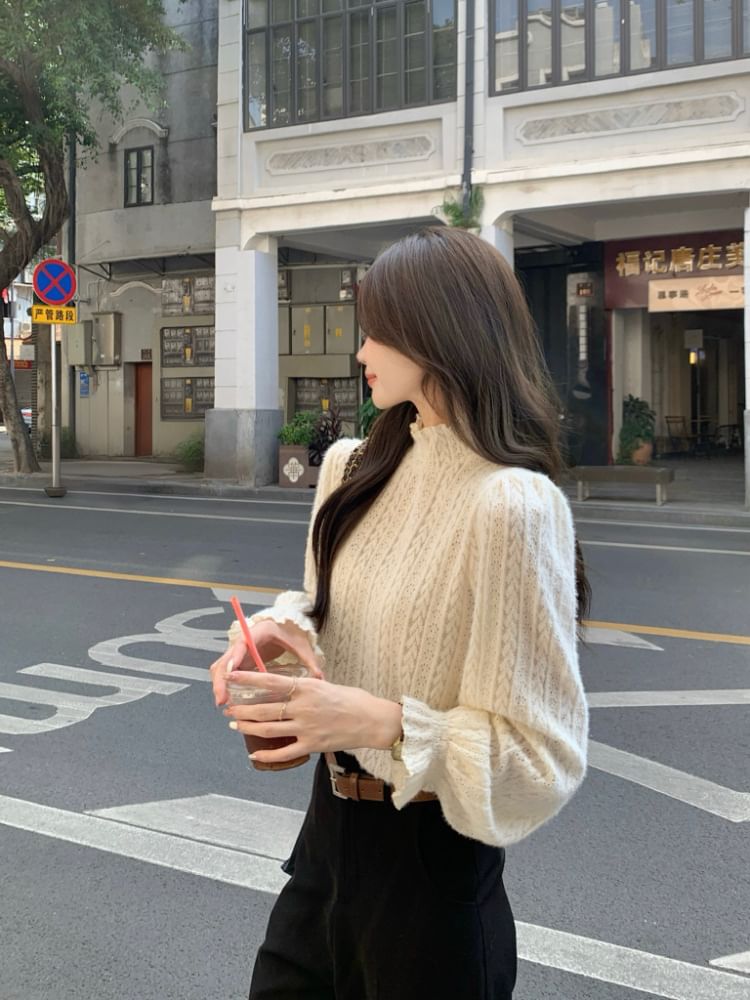 Mock Neck Frill Lace Long-Sleeve Top