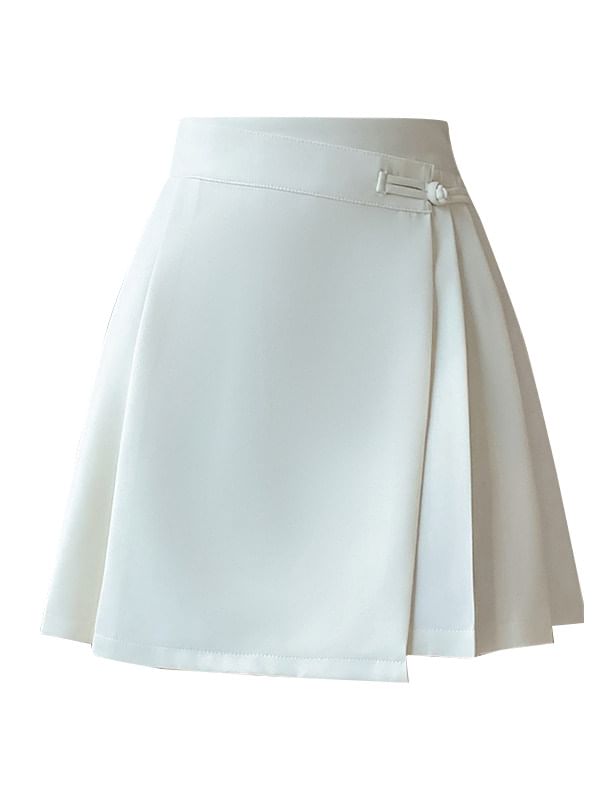 Black High-Waisted Mini Pleated Skirt with Frog Buttons - Altfashion Shop