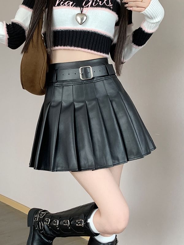 Black Mini A-Line Skirt - Faux Leather High Waist Pleated