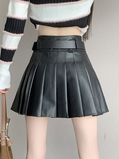 Black Mini A-Line Skirt - Faux Leather High Waist Pleated